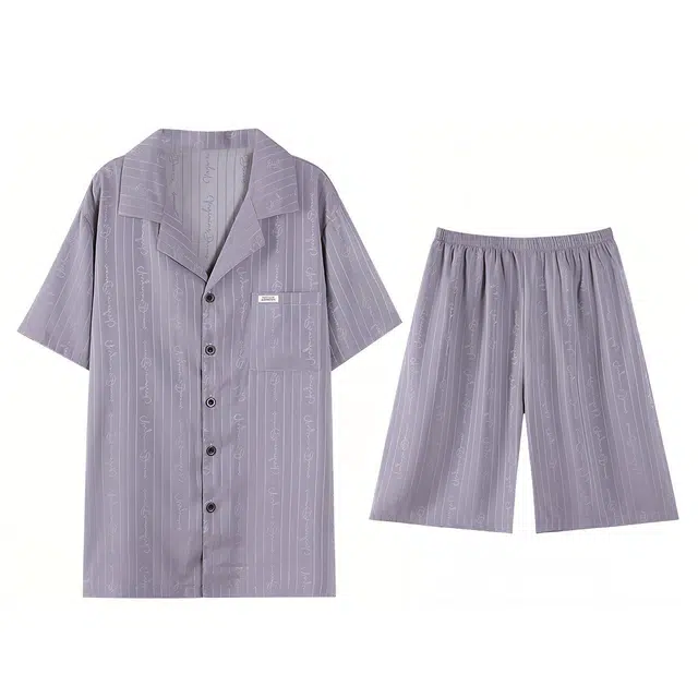 俏薇妮 简约纯色凉感细条纹字母提花缎面翻领休闲可外穿短袖松紧腰短裤睡衣套装 男款 灰色