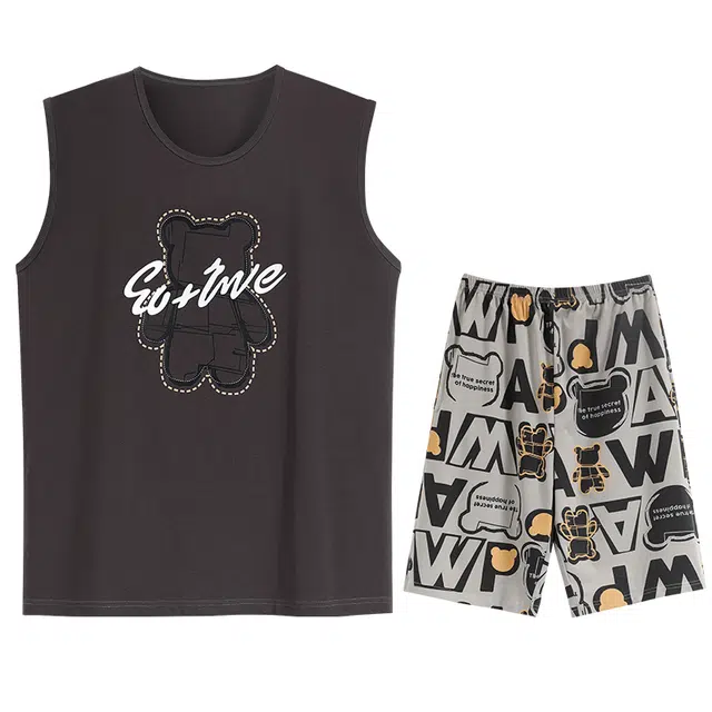 兰缪 卡通凉感莫代尔无袖背心舒适亲肤短裤睡衣套装 男款