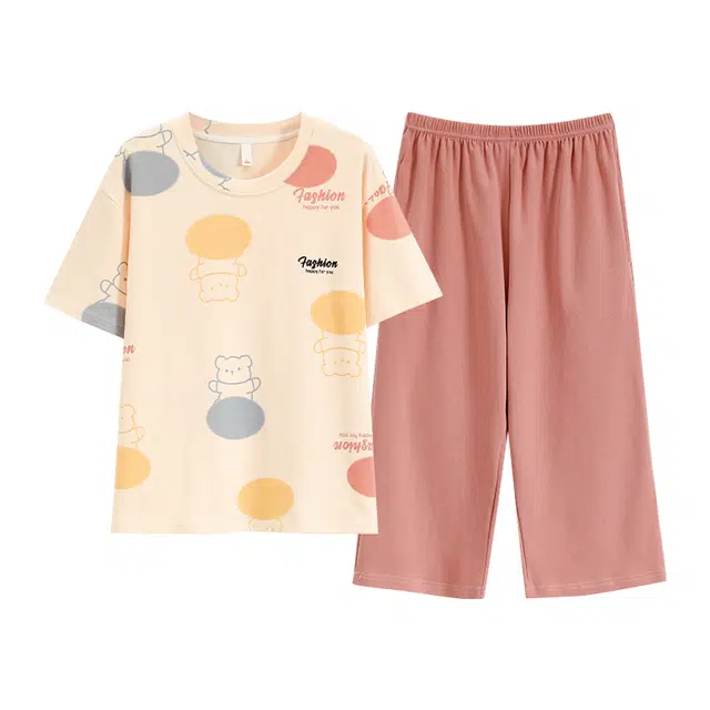 俏佳人 圆领套头短袖松紧腰长裤睡衣套装 女款