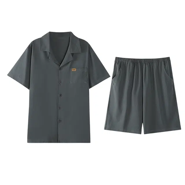 歌倩雅 纯色翻领休闲短袖松紧腰短裤睡衣套装 男款 深灰色