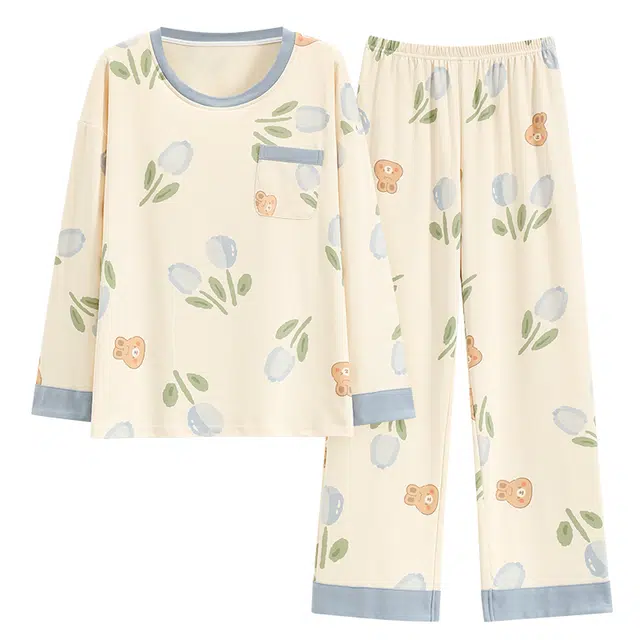 帕兰朵 卡通小熊植物印花圆领长袖长裤睡衣套装 女款 天蓝色