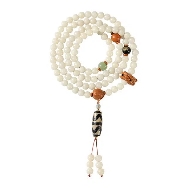 琉堇 藏式手持盘玩串珠 中式多圈长款文玩佛珠 古风挂脖毛衣项链 黄财神念珠 天珠吊坠  白玉菩提 手串 男女同款情侣款