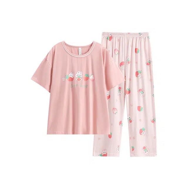 芬腾 夏季纯棉薄款短袖休闲舒适长裤睡衣套装 女款 暖粉