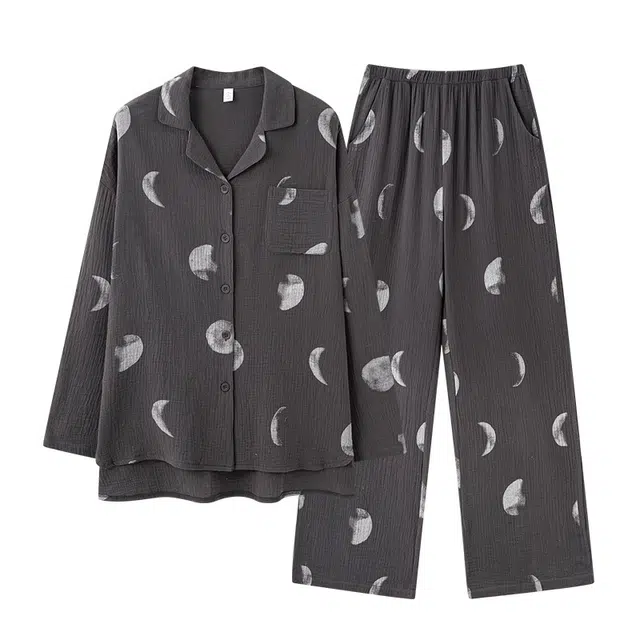 俏薇妮 柔软纯棉带胸垫月亮印花宽松休闲家居睡衣套装 女款 黑色