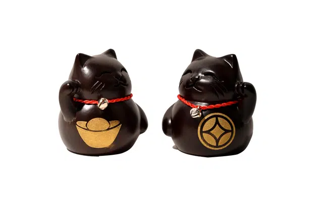 天纵 宏运当头聚福工艺品 木雕刻招财对猫文玩平安 木作 摆件 男女同款情侣款 黑檀