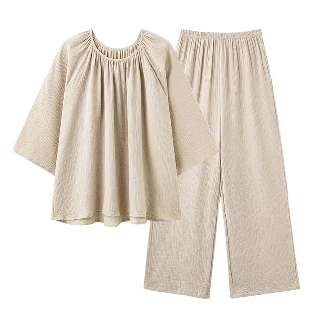 俏薇妮 纯棉带胸垫家居圆领套头九分袖可外穿睡衣套装 女款 杏色