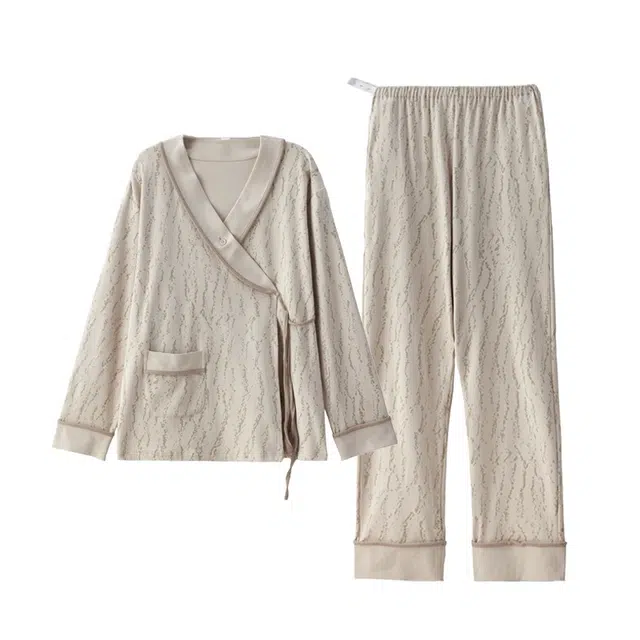 俏薇妮 复古柔软舒适纯棉宽松家居睡衣套装 女款 杏色