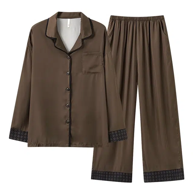 俏薇妮 简约复古长袖带胸垫可外穿宽松家居睡衣套装 女款 深棕色