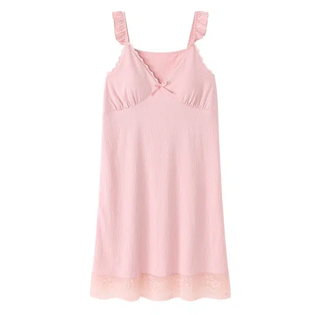 莫代尔 夏季亲肤舒适带胸垫防凸点可外穿休闲无袖睡裙 女款 浅粉色