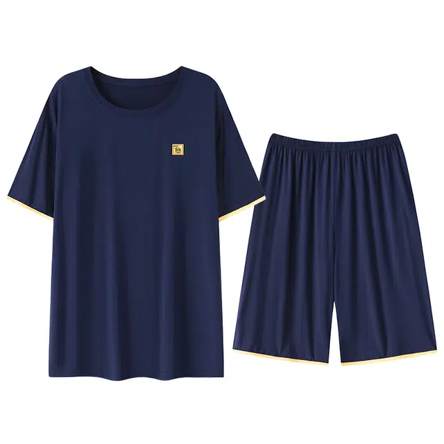 贴身领域 时尚简约纯色印花薄款圆领短袖可外穿家居服休闲短裤睡衣套装 男款 宝蓝