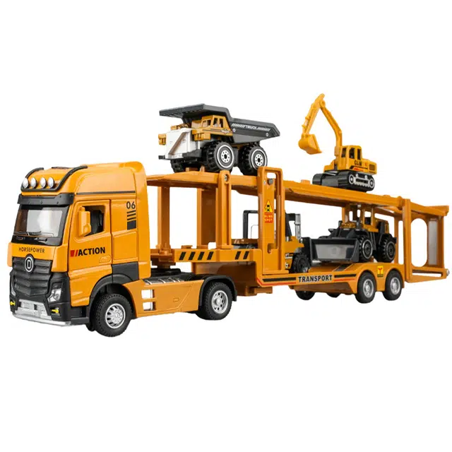 驰誉车玩 双层工程运输车 成品模型 合金车模 亮灯响声 回力行驶 车门可开 仿真汽车 收藏摆件
