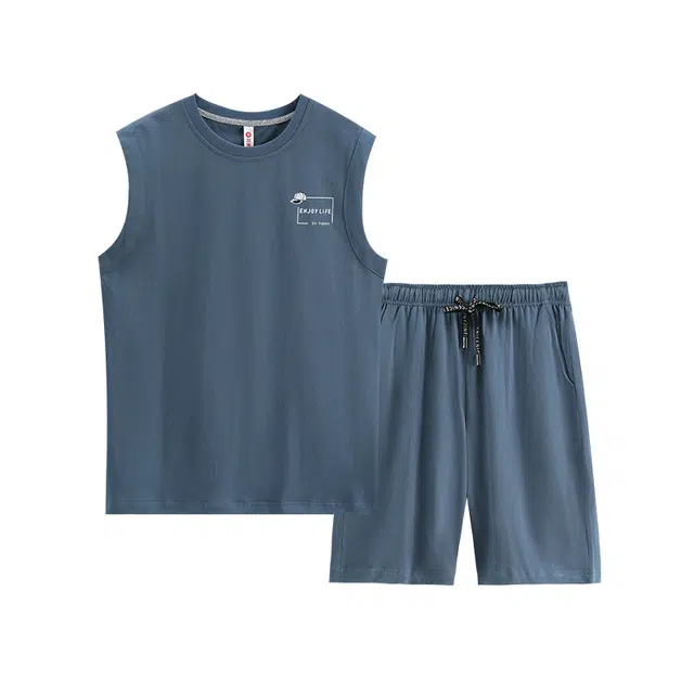 芬腾 夏季纯棉无袖背心舒适休闲透气短裤青年运动加大码睡衣套装 男款 深海蓝