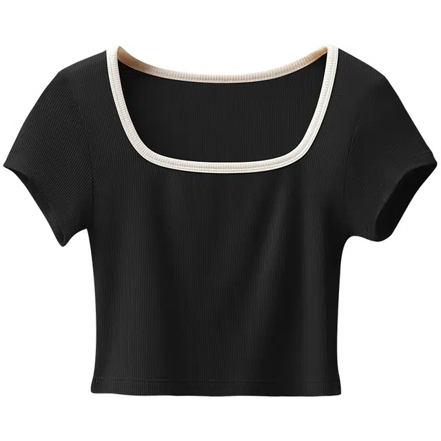 梦特娇 拼色方领短袖露脐短款打底衣 女款