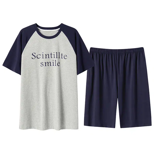 贴身领域 字母印花拼接撞色圆领短袖薄款舒适短裤可外穿家居服睡衣套装 男款 花灰色