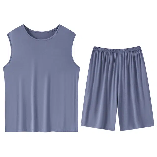 贴身领域 纯色圆领套头无袖睡衣套装 男款 灰蓝