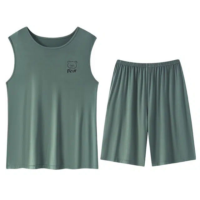 贴身领域 小熊印花圆领套头无袖睡衣套装 男款 树绿