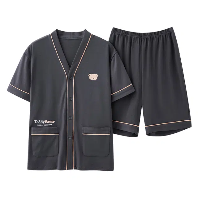 莫代尔 舒适透气亲肤短袖松紧腰休闲柔软短裤可外穿睡衣套装 男款 深灰色