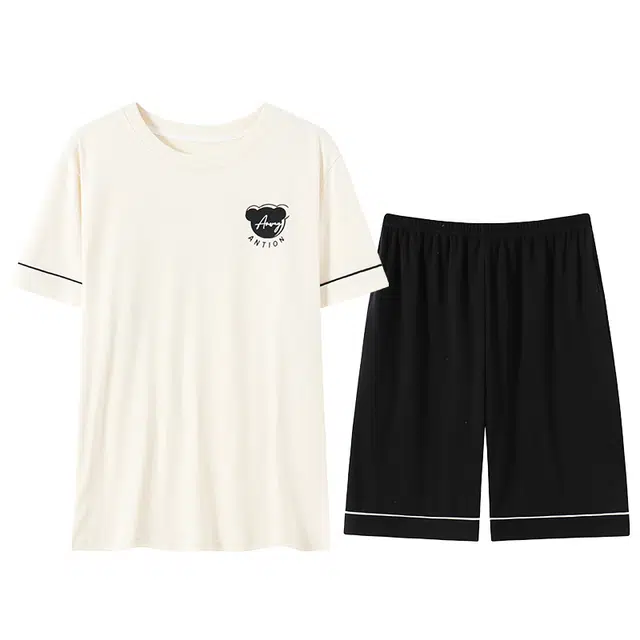 贴身领域 纯棉圆领卡通字母印花短袖松紧腰睡衣套装 男款 杏色