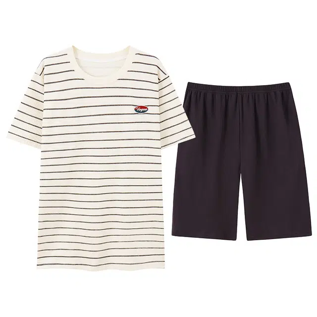 贴身领域 圆领条纹套头短袖睡衣套装 男款 米黄