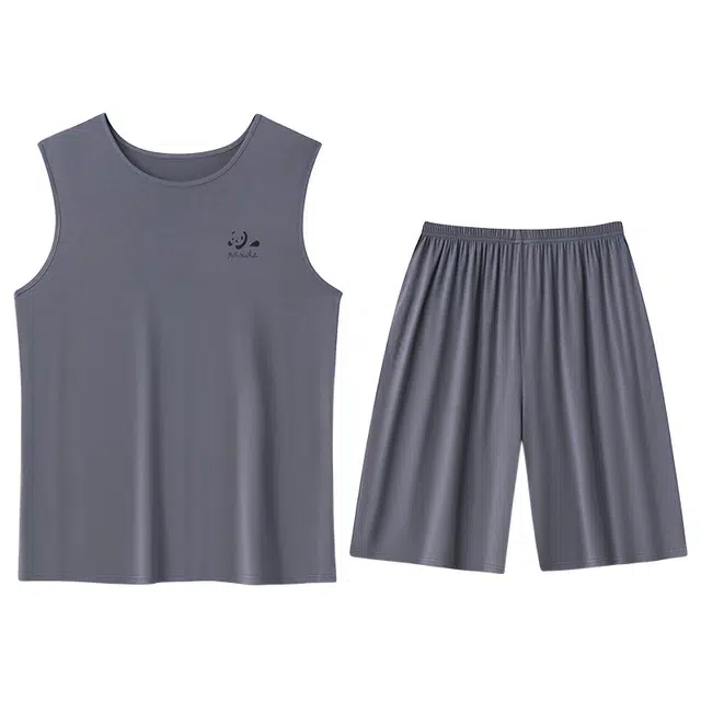 贴身领域 纯色圆领套头无袖睡衣套装 男款 灰色