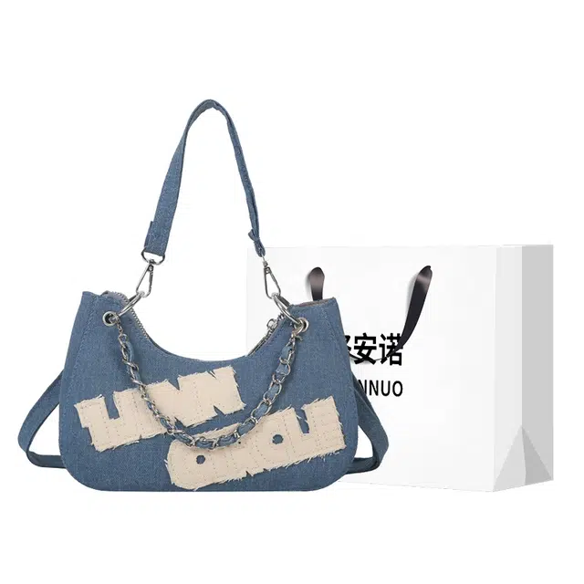 格安诺 新款欧美字母多口袋 帆布 单肩包 女款 白色/蓝色