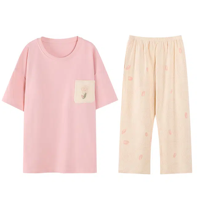 俏薇妮 凉感简约森系小清新带胸垫短袖休闲宽松可外穿家居服睡衣套装 女款 粉红色