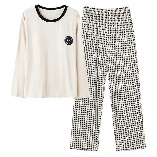 欧迪芬 笑脸印花圆领套头长袖长裤睡衣套装 女款 白色