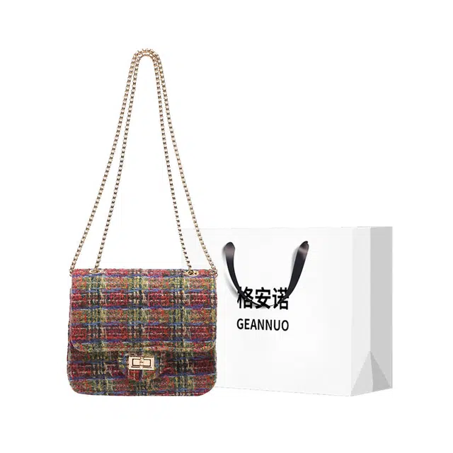 格安诺 小香风韩版时尚百搭链条斜挎包 毛呢 单肩包 女款 红色