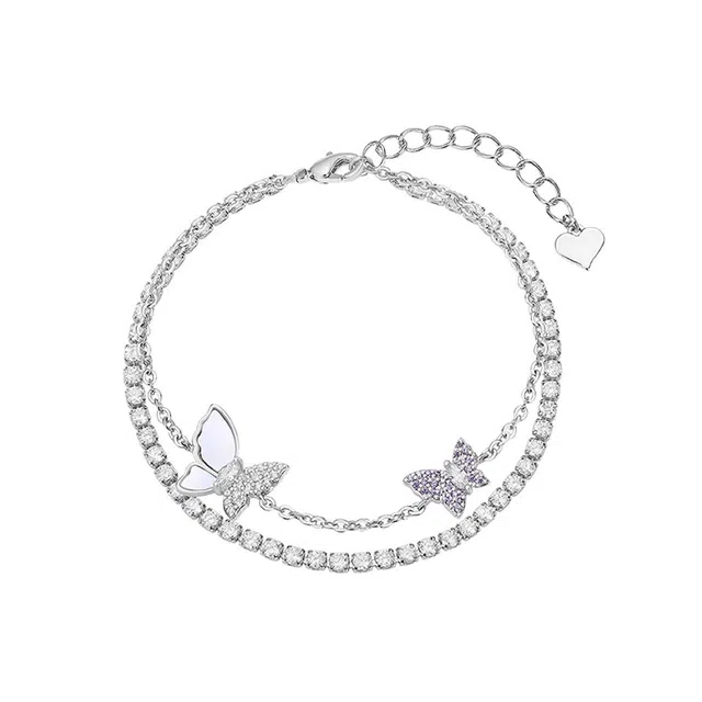 心草 双蝶闪锆 国潮风新中式双层叠戴蝴蝶 合金 手链 女款 仙气韩式风优雅浪漫精致高级休闲甜美少女学院气质