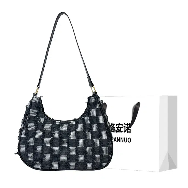 格安诺 个性时尚格纹腋下饺子包 帆布 单肩包 女款