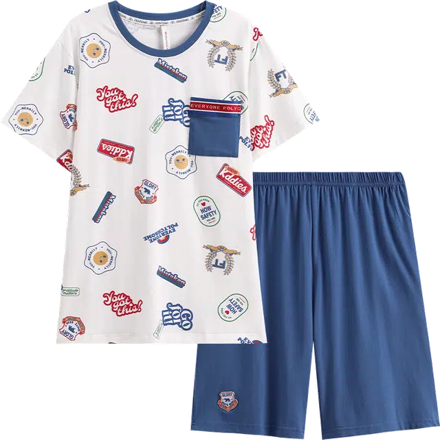 芬腾 休闲舒适短袖透气亲肤短裤睡衣套装 男款 优雅白