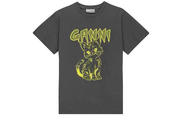 GANNI Cat Print T-Shirt Volcanic Gray