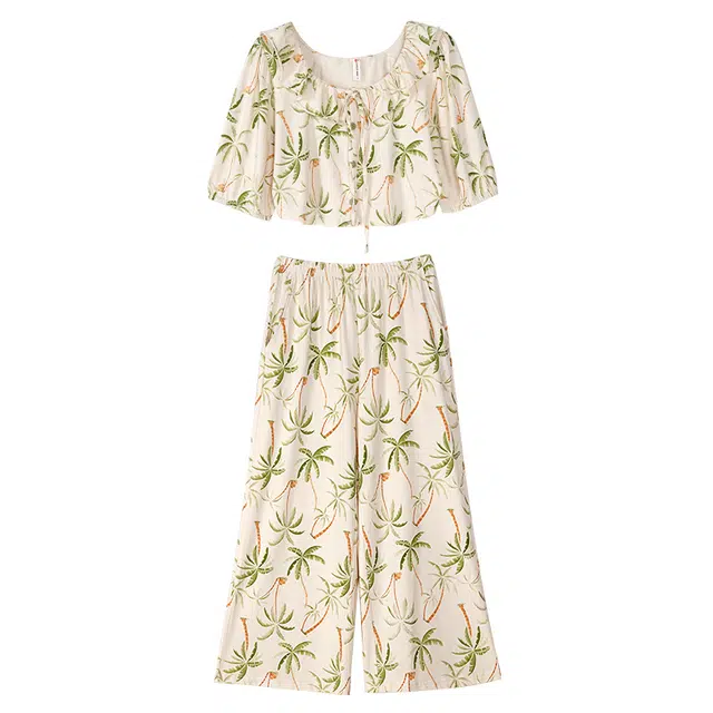 歌倩雅 甜美时尚圆领短袖上衣松紧腰长裤睡衣套装 女款 杏色