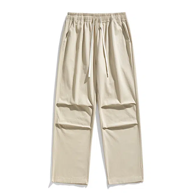 八哥 美式复古高街风纯色简约基础款褶皱设计垂感松紧宽松直筒阔腿微喇弹力休闲裤 男女同款