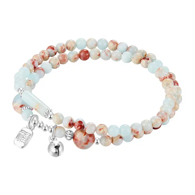 迷颂玛 新中式双层手串 新中式民族风复古国潮时尚设计感叠戴手串 女朋友节日首饰搭配合金小吊坠创意手链 寿山石 手饰礼品 女款