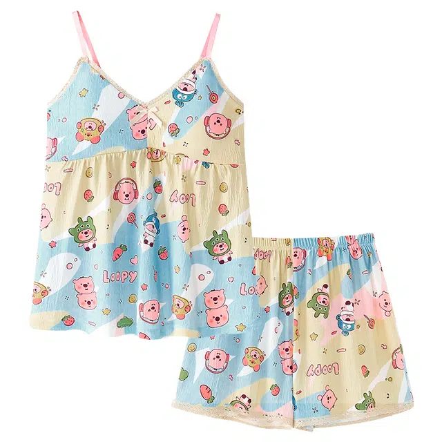 睦隆世家 卡通可爱印花套头吊带睡衣套装 女款 蓝色