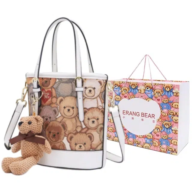 小熊依恋 夏季通勤水桶包 礼物手拎小包提花布 托特包 单肩斜挎包