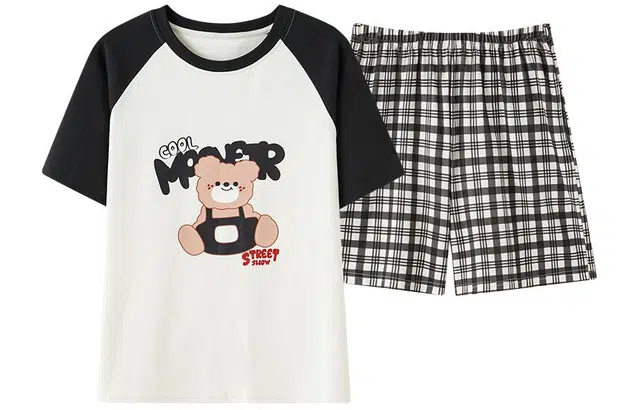 帕兰朵 休闲圆领简约舒适卡通小熊上衣字母印花松紧腰宽松格子短裤睡衣套装 女款 黑白