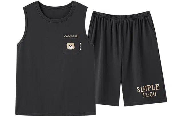帕兰朵 卡通小熊印花圆领无袖上衣松紧腰短裤睡衣套装 男款 深灰