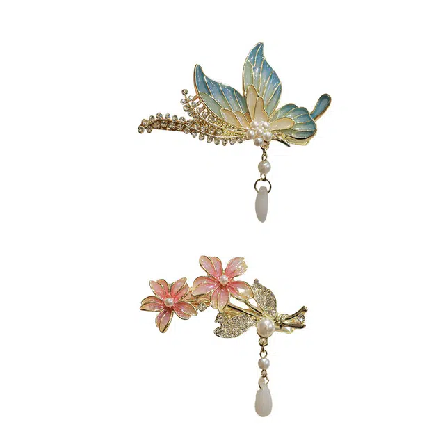 妖娆猫 国风超仙花朵蝴蝶 新中式流苏侧边刘海夹汉服旗袍复古 发夹 女款