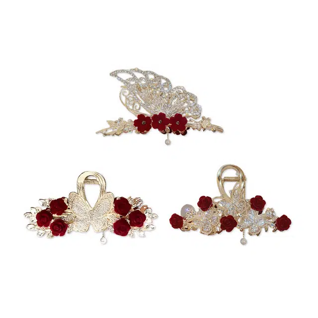 妖娆猫 红色玫瑰流苏抓夹套装高端鲨鱼夹抓夹三件套 发夹 女款