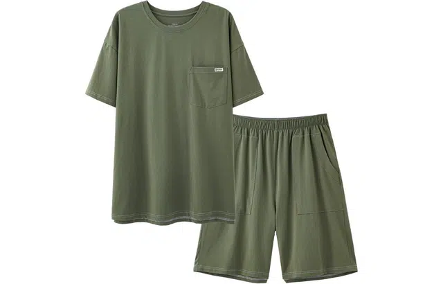 帕兰朵 睡衣短袖新款大码薄款可外穿青年家居服圆领落肩套头短袖松紧腰纯色短裤睡衣套装 男款 卡其色