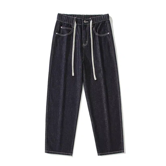 雅鹿 纯色中腰系带简约宽松百搭阔腿牛仔裤 男款 蓝黑