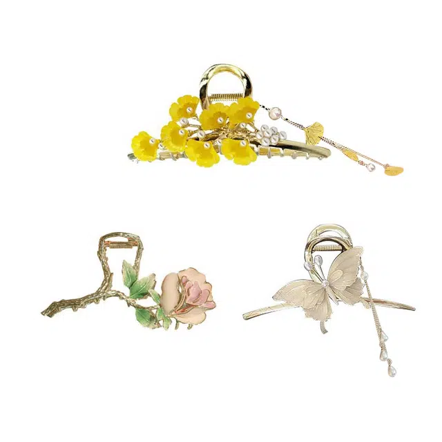 妖娆猫 玫瑰花鲨鱼夹后脑三生有幸花朵蝴蝶流苏三件套女孩闺蜜老婆浪漫惊喜生日送礼品 发夹 女款