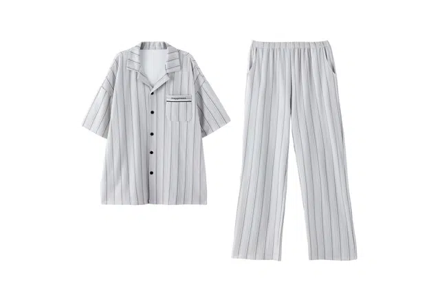 热妒 女灰色夏季条纹短袖长裤纯棉拉架棉自带胸垫男士家居服可外穿睡衣套装 男女同款