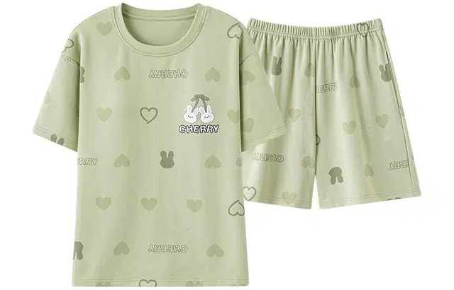 帕兰朵 可爱卡通爱心满印圆领套头短袖上衣松紧腰短裤睡衣套装 女款 绿色
