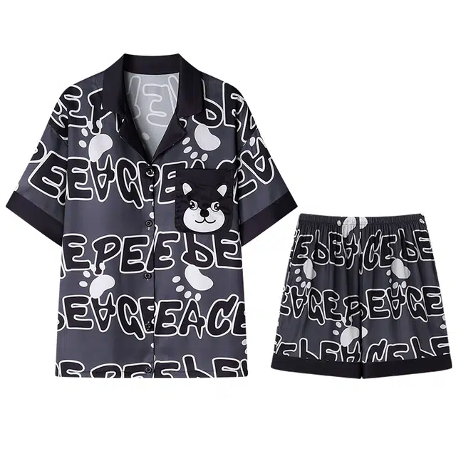 兰缪 卡通满印翻领单排扣睡衣套装 女款 灰色