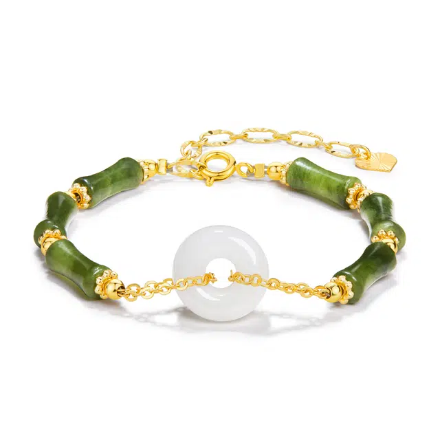 北隐 国古风新中式  转运竹节 森系春夏小清新竹叶平安扣小众闺蜜女神温婉 岫玉（蛇纹石玉） 手链 男女同款情侣款 礼盒款