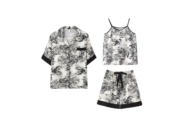 俏薇妮 凉感冰丝睡衣性感吊带短袖三件套薄款实用新中式水墨画高级感家居服睡衣套装 女款 黑色