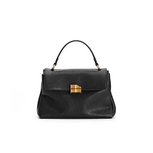 西木汀 浅时光 通勤实用高级时尚气质 牛皮 单肩斜挎手提包 中号 女款 深邃黑/咖啡色/米白色